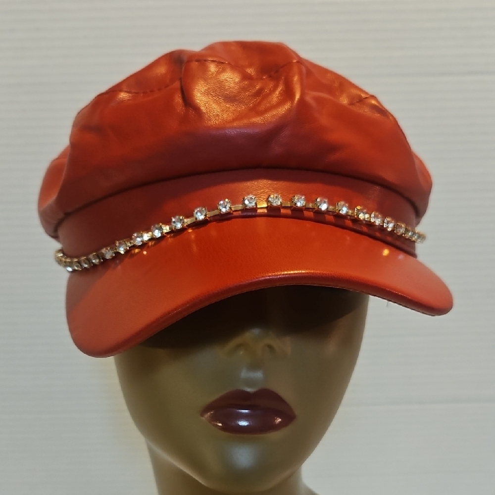 Stylish Red Faux Leather Cap with Rhinestones